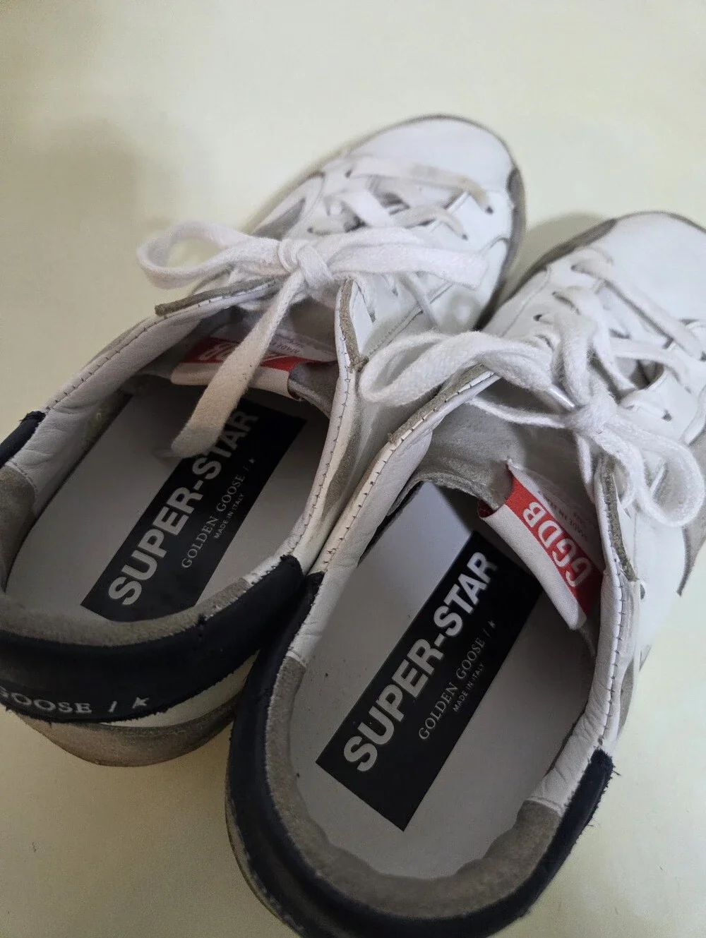 Golden Goose Super Star White Leather Sneakers with Gray Star and Navy Heel - Picture 6 of 10
